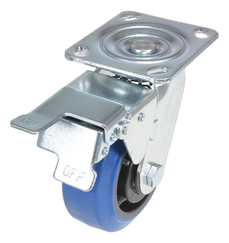 CST-BB-5X2ER-SWTB_A.jpg The Vestil 5X2 Elastic Rubber (Blue) Swivel W/ Total Brake caster has a blue rubber tire, shiny silver mounting plate, and includes an OFF labeled brake lever and bolt for easy attachment.