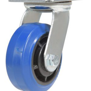 The Vestil 5X2 Elastic Rubber (Blue) Swivel caster wheel has a metal bracket and mounting plate for easy movement. Joined to a black inner part, its gleaming metallic sections suggest its either brand new or well-maintained.