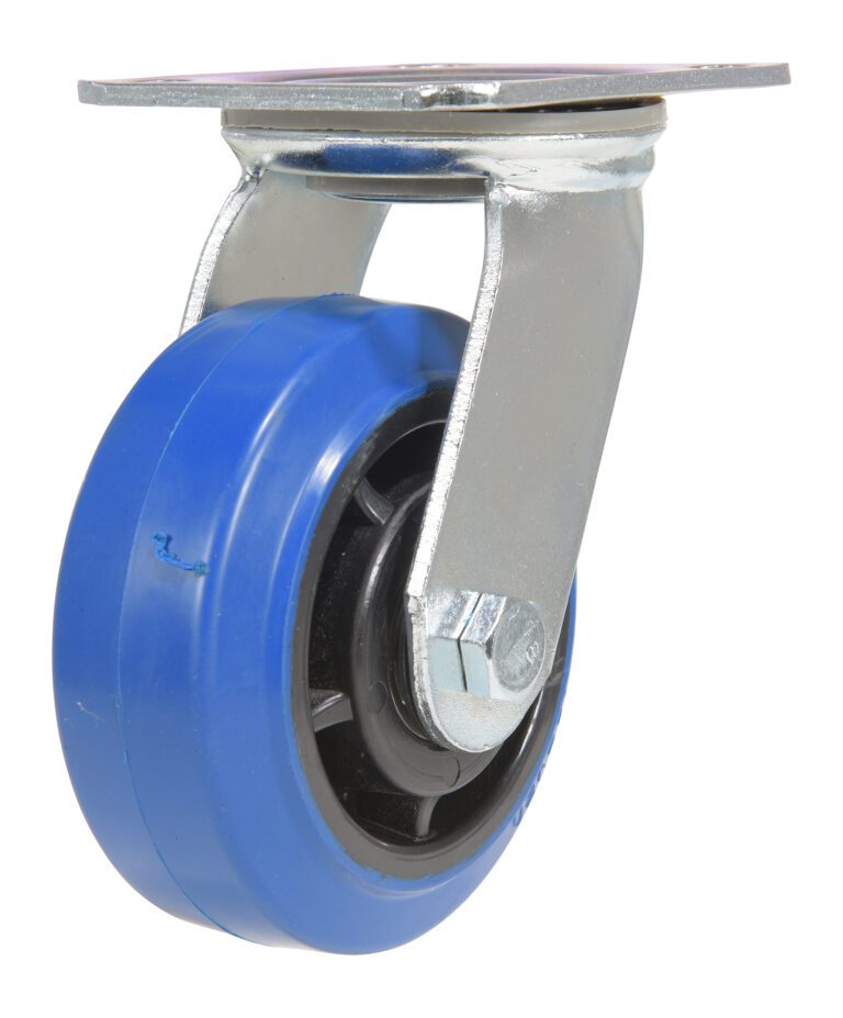 CST-BB-5X2ER-S_A.jpg The Vestil 5X2 Elastic Rubber (Blue) Swivel caster wheel has a metal bracket and mounting plate for easy movement. Joined to a black inner part, its gleaming metallic sections suggest its either brand new or well-maintained.