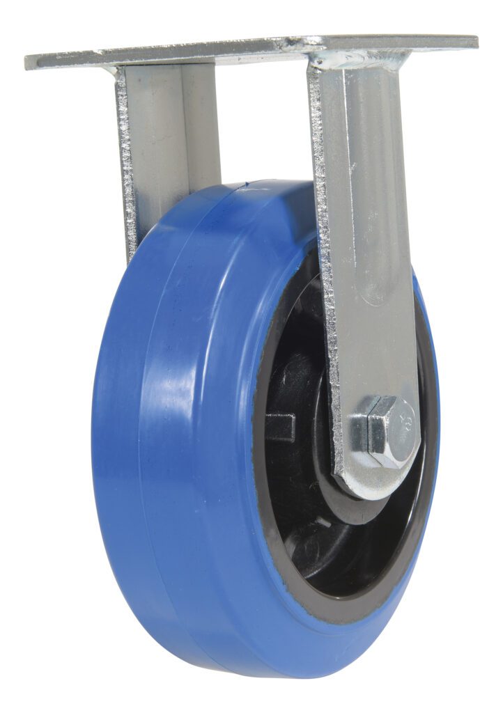 CST-BB-6X2ER-R_A.jpg The Vestil 6X2 Elastic Rubber (Blue) Rigid caster wheel has a sturdy metal mount with two vertical supports, a flat top with dual attachment holes, and a sleek black core, showcasing its smooth design from both side and top views.