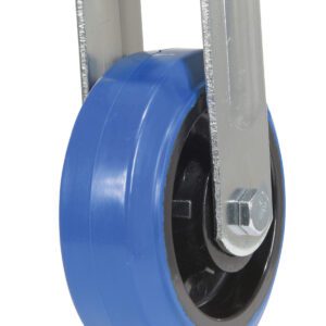 The Vestil 6X2 Elastic Rubber (Blue) Rigid caster wheel has a sturdy metal mount with two vertical supports, a flat top with dual attachment holes, and a sleek black core, showcasing its smooth design from both side and top views.
