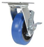 The Vestil 6X2 Elastic Rubber (Blue) Swivel W/ Brake offers a robust metal frame and mounting plate, along with a sleek silver brake lever. Its designed for smooth mobility and secure attachment on various surfaces, making it versatile and reliable.
