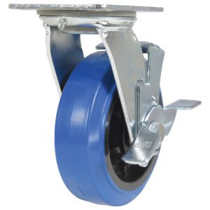 The Vestil 6X2 Elastic Rubber (Blue) Swivel W/ Brake offers a robust metal frame and mounting plate, along with a sleek silver brake lever. Its designed for smooth mobility and secure attachment on various surfaces, making it versatile and reliable.