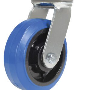 The Vestil 6X2 Elastic Rubber (Blue) Swivel caster has a stylish blue wheel, metal bracket, swiveling mechanism, top mounting plate, and a secure attachment to a metallic frame with a black hub.