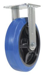 The Vestil 8X2 Elastic Rubber Rigid caster wheel has a blue polyurethane exterior, black inner hub, and is attached to a metal bracket with pre-drilled screw holes for easy mounting.