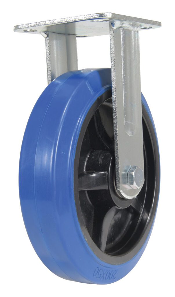 CST-BB-8X2ER-R_A.jpg The Vestil 8X2 Elastic Rubber Rigid caster wheel has a blue polyurethane exterior, black inner hub, and is attached to a metal bracket with pre-drilled screw holes for easy mounting.