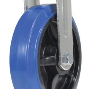 The Vestil 8X2 Elastic Rubber Rigid caster wheel has a blue polyurethane exterior, black inner hub, and is attached to a metal bracket with pre-drilled screw holes for easy mounting.