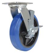 The Vestil 8X2 Elastic Rubber (Blue) Swivel W/ Brake is a stylish caster wheel with a robust metal bracket, locking mechanism, and shiny metal frame connected to a flat rectangular plate for secure mounting.