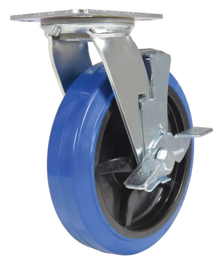 The Vestil 8X2 Elastic Rubber (Blue) Swivel W/ Brake is a stylish caster wheel with a robust metal bracket, locking mechanism, and shiny metal frame connected to a flat rectangular plate for secure mounting.