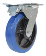 The Vestil 8X2 Elastic Rubber (Blue) Swivel W/ Total Brake features a blue rubber exterior, black interior, and a metal mounting plate for easy attachment. It includes a side brake lever to secure the wheel firmly in place.