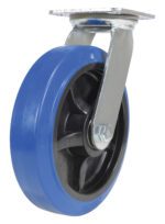 The Vestil 8X2 Elastic Rubber (Blue) Swivel showcases a blue wheel and metal swivel bracket with a black inner wheel, ensuring seamless mobility. Ideal for furniture or equipment, the photo highlights its sleek side view design.