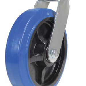The Vestil 8X2 Elastic Rubber (Blue) Swivel showcases a blue wheel and metal swivel bracket with a black inner wheel, ensuring seamless mobility. Ideal for furniture or equipment, the photo highlights its sleek side view design.