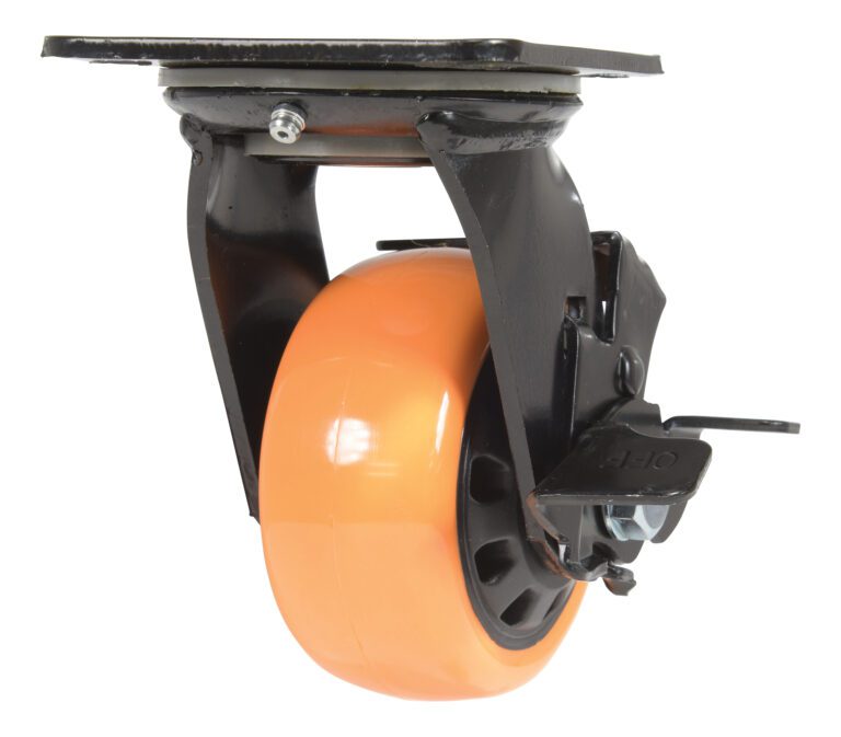 CST-BN-4X2PUP-SWB_A.jpg The Vestil 4X2 Poly On Poly (N29 Series) Swivel W/ Brake has an orange wheel with a black metal bracket, offering easy mobility. It includes a sturdy mounting plate and a visible locking mechanism to secure the wheel firmly in place.