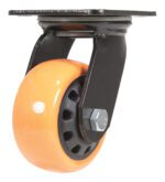 The Vestil 4X2 Poly On Poly (N29 Series) swivel caster wheel, orange with a black bracket and circular cutouts, features a smooth surface. It uses a bolt and nut assembly for secure attachment to flat metal plates, providing versatile mobility.