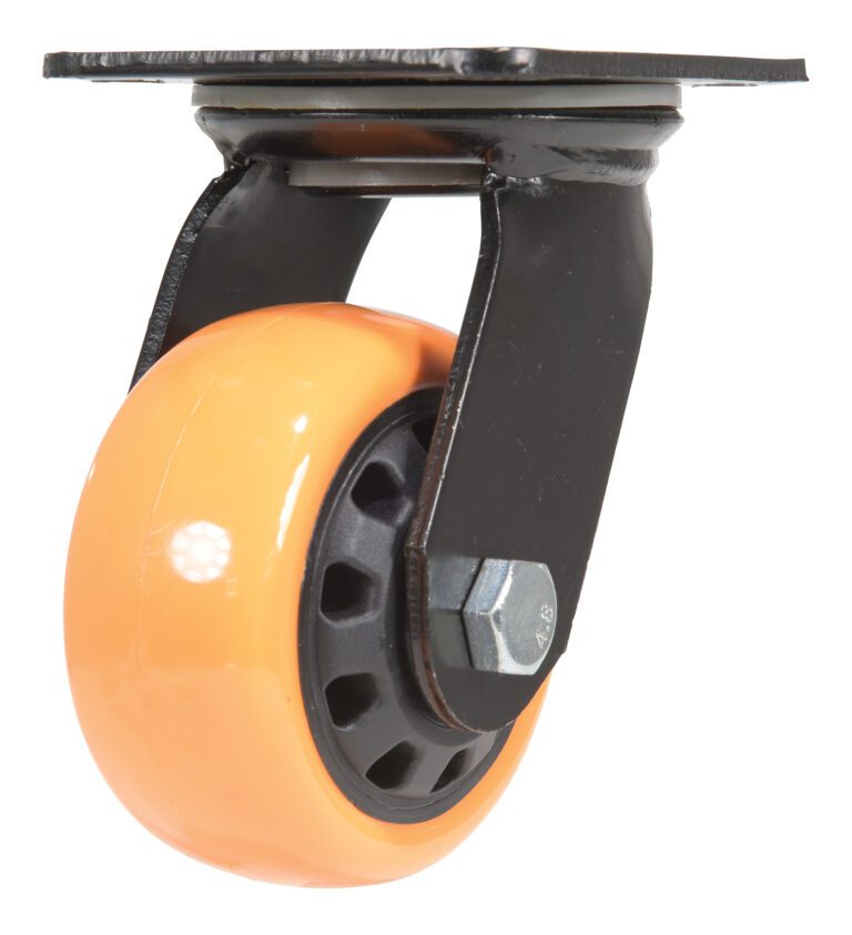 The Vestil 4X2 Poly On Poly (N29 Series) swivel caster wheel, orange with a black bracket and circular cutouts, features a smooth surface. It uses a bolt and nut assembly for secure attachment to flat metal plates, providing versatile mobility.