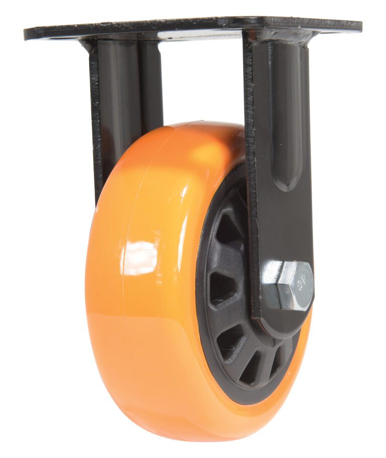 CST-BN-5X2PUP-R_A.jpg Close-up of an orange, rigid caster wheel from the Vestil 5X2 Poly On Poly (N29 Series). It features a shiny surface with black spokes and is secured by a silver bolt to the sleek black bracket.