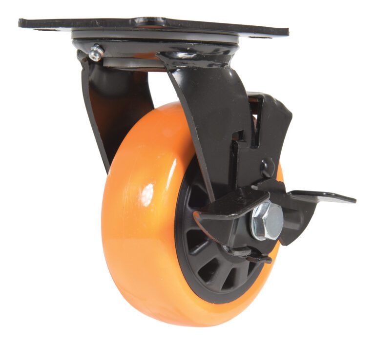 The Vestil 5X2 Poly On Poly (N29 Series) Swivel W/ Brake caster wheel features an orange design with a black frame and mounting plate, complete with a side brake mechanism. Set against a white background, its black hub accentuates its sleek look.