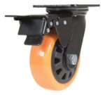 The Vestil 5X2 Poly On Poly (N29 Series) Swivel w/Total Brake has an orange polyurethane wheel, a black metal mounting plate, and a visible ON/OFF brake lever. It is secured with multiple screws and a central axle bolt for reliability.