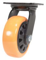 The Vestil 5X2 Poly On Poly (N29 Series) Swivel features an orange, smooth wheel on a black plastic hub, with a black metal bracket and mounting plate for easy swiveling and mobility.