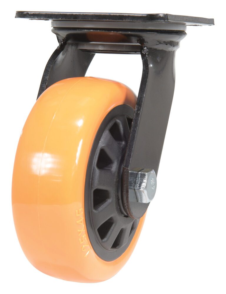 CST-BN-5X2PUP-S_A.jpg The Vestil 5X2 Poly On Poly (N29 Series) Swivel features an orange, smooth wheel on a black plastic hub, with a black metal bracket and mounting plate for easy swiveling and mobility.