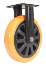 The Vestil 8X2 Poly On Poly (N29 Series) rigid caster wheel has an orange finish, black plastic hub, and metal mounting plate. Its central bolt with a sturdy black bracket makes it perfect for furniture or equipment use.