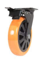 Close-up of a Vestil 8X2 Poly On Poly (N29 Series) Swivel W/Total Brake caster with an orange tire, black hub, and black metal plate for versatile industrial or furniture use.