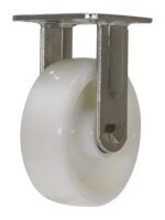 The Vestil 6X2 Nylon/Stainless Steel, Rigid caster features a white cylindrical wheel and sturdy metal bracket, offering smooth furniture or equipment movement. A square top plate ensures stability while maintaining a sleek appearance.