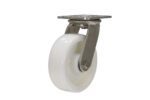 The Vestil 6X2 Nylon/Stainless Steel wheel, featuring a white swivel design with metal mounting plate and bracket, is built for heavy-duty use on various floors. The smooth surface ensures easy movement, and pre-drilled holes in the plate allow for secure attachment.