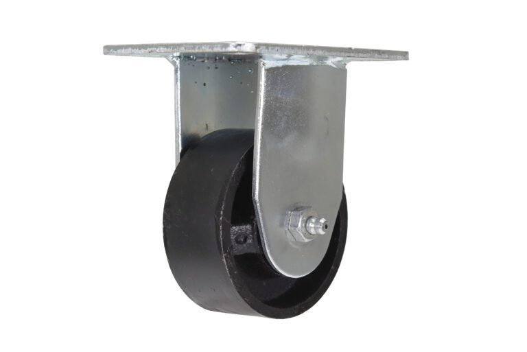 CST-C02-3X1CI-R_A.jpg The Vestil 3 X 1-1/4 Cast Iron, Rigid wheel boasts a metallic housing and a metal mounting plate, ideal for mobility in furniture or equipment. It stands out against the white background.
