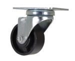 The Vestil 3 X 1-1/4 cast iron swivel features a black rubber wheel and silver mounting plate, providing easy mobility on various surfaces.