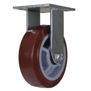 The Vestil 6X2 Polyurethane Rigid Caster includes a metal swivel wheel, red rubber tire, and gray plastic core. It features a rectangular metal bracket for secure mounting, making it ideal for diverse applications.