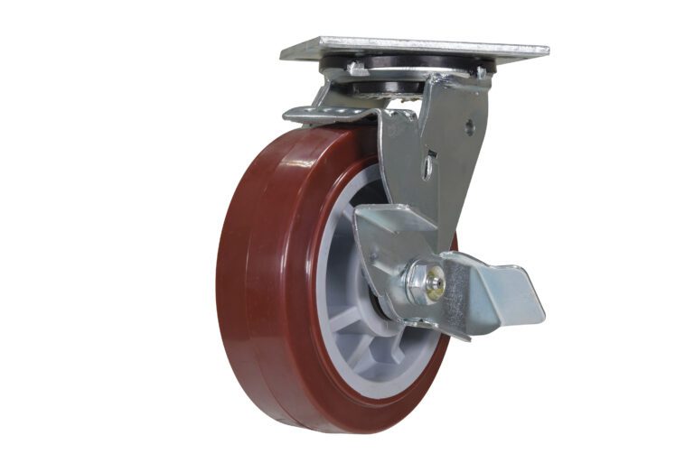 The Vestil 6X2 Polyurethane Swivel W/Brake Caster features a robust red design with a metal bracket, grey hub, and an effective side brake.
