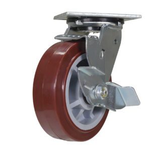 The Vestil 6X2 Polyurethane Swivel W/Brake Caster features a robust red design with a metal bracket, grey hub, and an effective side brake.