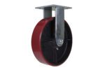 The Vestil 8X2 Ure Tread/Cast Iron Hub, Rigid features a red urethane tire on a black cast iron hub, mounted on a rigid bracket with a square top and four screw holes, ideal for industrial applications.