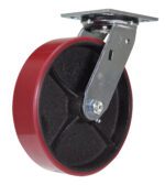 The Vestil 8X2 Ure Tread/Cast Iron Hub Swivel features a red and black design with a metal mounting plate and bracket, offering durability and style with its smooth surface and industrial metal components for heavy-duty use.