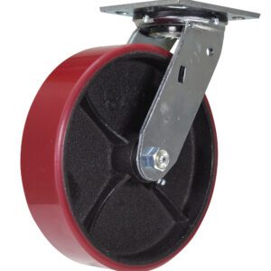 The Vestil 8X2 Ure Tread/Cast Iron Hub Swivel features a red and black design with a metal mounting plate and bracket, offering durability and style with its smooth surface and industrial metal components for heavy-duty use.