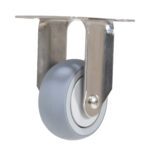 A single gray and white caster wheel with a metal mounting bracket, similar to the Vestil 3X1 Tpr Ss Rig Rigid Caster. The shiny, angled bracket ensures easy attachment to structures for improved mobility, with the wheel prominently centered in the image.