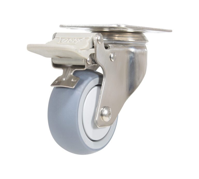 The Vestil 3X1 Tpr Ss Rig Swivel Caster W/Total Brake boasts a gray wheel and metal bracket, providing smooth movement and stability.