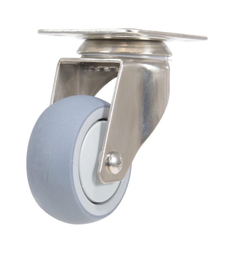 The Vestil 3X1 Tpr Ss Rig Swivel Caster has a grey rubber tire and strong metal mounting plate, featuring a silver bracket, ideal for improving the mobility of furniture or equipment.