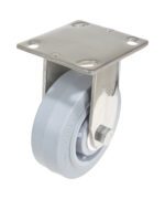 The image shows a Vestil 5X2 Tpr Ss Rig Rigid Caster featuring a gray rubber tire mounted on a metal bracket with a square top that has four holes for secure attachment.