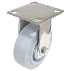 The image shows a Vestil 5X2 Tpr Ss Rig Rigid Caster featuring a gray rubber tire mounted on a metal bracket with a square top that has four holes for secure attachment.