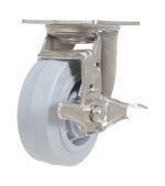 The gray Vestil 5X2 Tpr Ss Rig Swivel Caster with Brake includes a metal mounting bracket and brake. Its crafted for heavy-duty tasks, with durable material ensuring reliability, while its shiny metal lever securely locks the wheel in place.