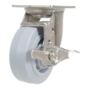 The gray Vestil 5X2 Tpr Ss Rig Swivel Caster with Brake includes a metal mounting bracket and brake. Its crafted for heavy-duty tasks, with durable material ensuring reliability, while its shiny metal lever securely locks the wheel in place.