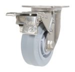 The Vestil 5X2 Tpr Ss Rig Swivel Caster W/Total Brake includes a single swiveling caster with a gray rubber tire, metal bracket, and locking mechanism featuring an OFF lever for stability.
