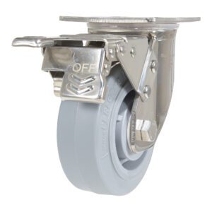 The Vestil 5X2 Tpr Ss Rig Swivel Caster W/Total Brake includes a single swiveling caster with a gray rubber tire, metal bracket, and locking mechanism featuring an OFF lever for stability.