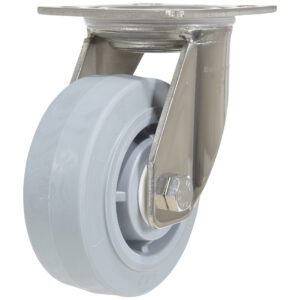 The Vestil 5X2 Tpr Ss Rig Swivel Caster is displayed on a white background, highlighting its sturdy design with a gray rubber wheel, metal bracket and mounting plate for optimal support.