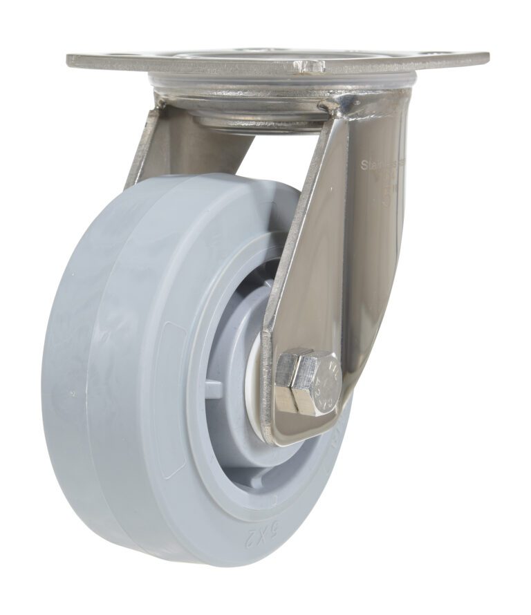 CST-E-SS-5X2TPR-S_A.jpg The Vestil 5X2 Tpr Ss Rig Swivel Caster is displayed on a white background, highlighting its sturdy design with a gray rubber wheel, metal bracket and mounting plate for optimal support.