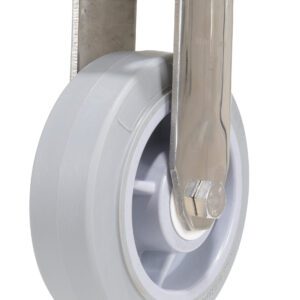 The Vestil 6X2 Tpr Ss Rig Rigid Caster showcases a gray design with a metal mounting plate and wheel, highlighting its side profile and durable construction for reliable performance in various applications.