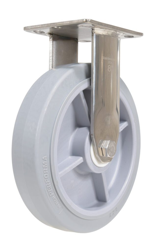 The Vestil 8X2 Tpr Ss Rig Rigid Caster features a grey Performa wheel with an 8-inch diameter and a stainless steel bracket, which is mounted on top for easy attachment to surfaces or equipment.
