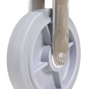 The Vestil 8X2 Tpr Ss Rig Rigid Caster features a grey Performa wheel with an 8-inch diameter and a stainless steel bracket, which is mounted on top for easy attachment to surfaces or equipment.